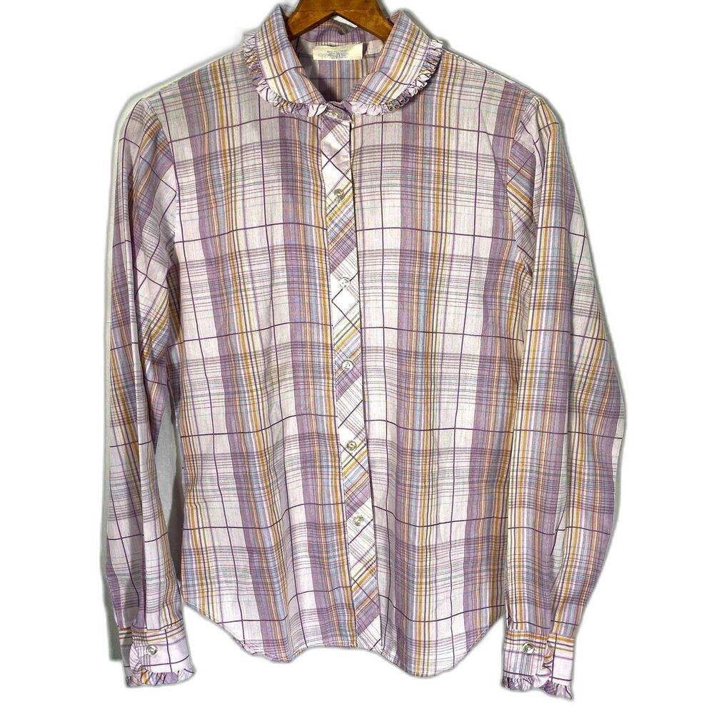 Vintage 80s Shirt Accent Plaid Ruffles Button Front Long Sleeve Womens S Purple